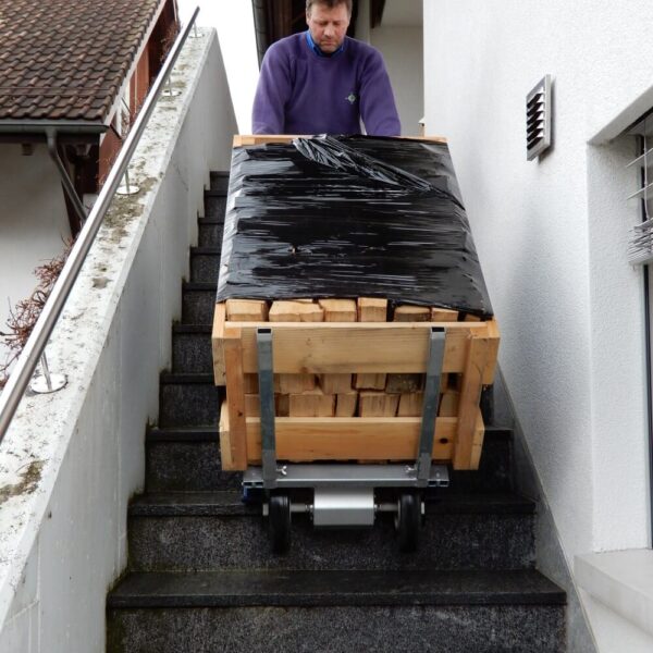 Wädi Huser transportiert einen Rahmen Brennholz mit einem Sackkarren die Treppe hoch zu einem Kunden im Seetal.